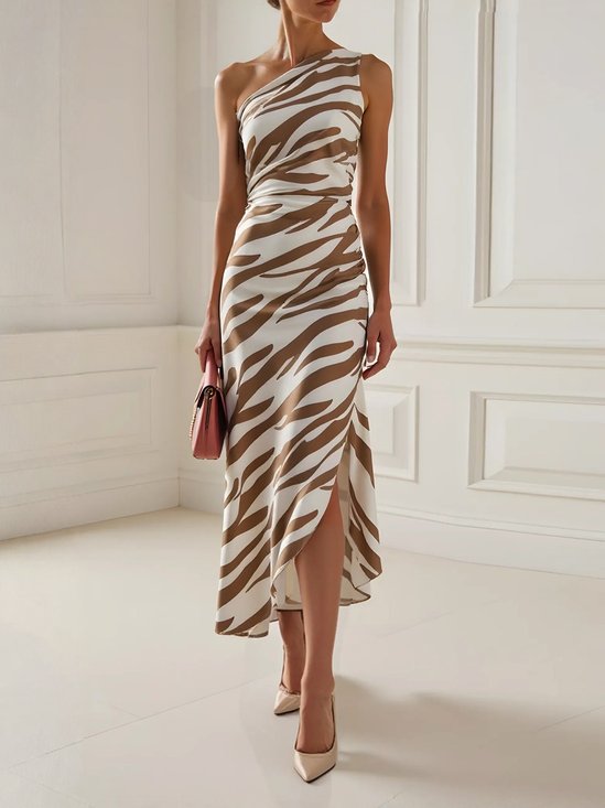 Khaki Slit Classic One Shoulder Sleeveless Mermaid Midi Dress