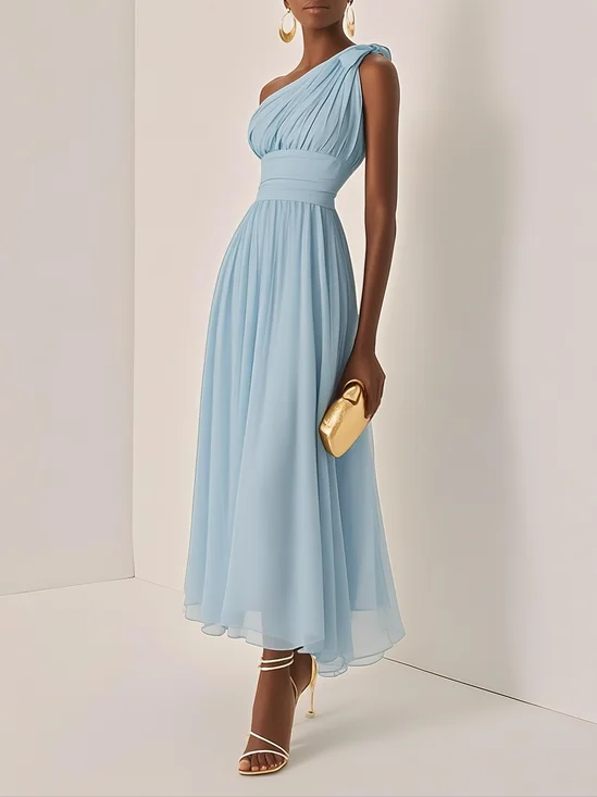 Light Blue Ruched Chiffon One Shoulder Sleeveless A-Line Maxi Dress