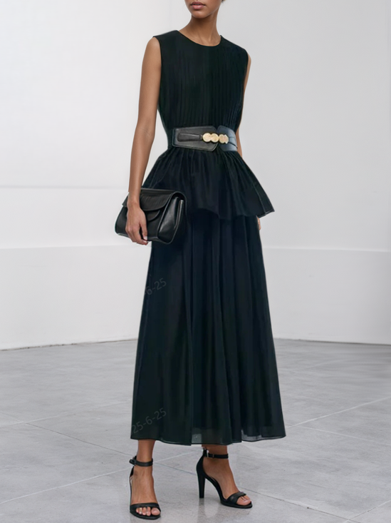 Women Black Pleated Crew Neck Sleeveless Dressy Top With Skirt Two-Piece Set