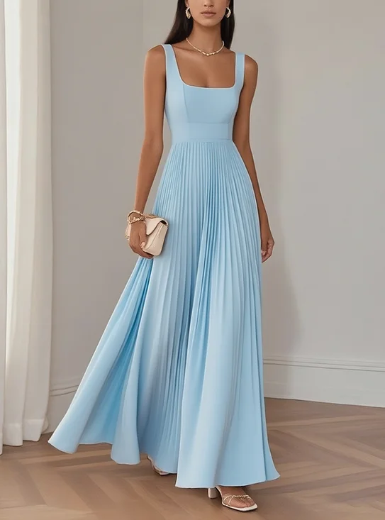 Light Blue Pleated Chiffon Square Neck Sleeveless A-Line Maxi Dress