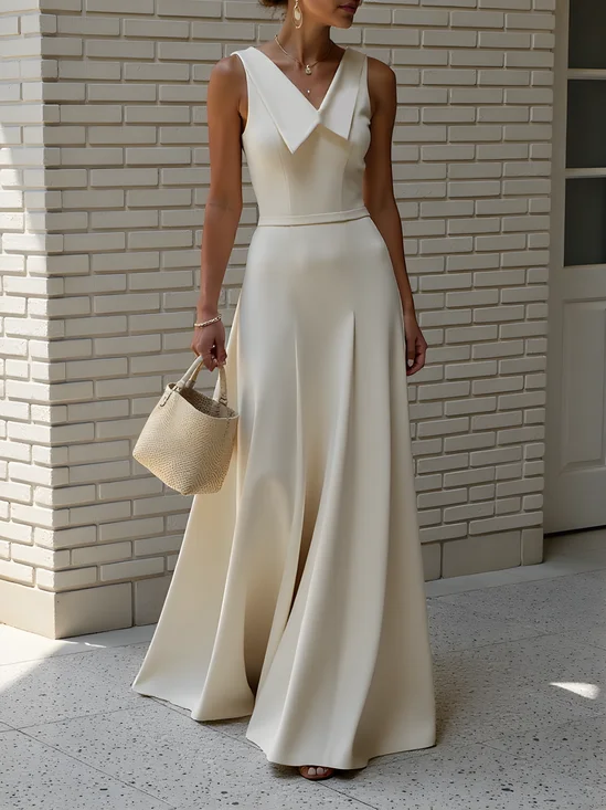 White Classic Shawl Collar Sleeveless A-Line Maxi Dress
