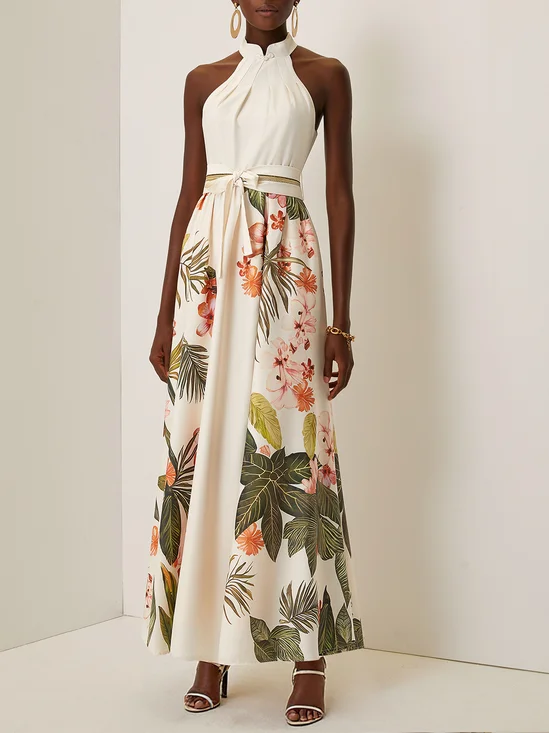 Beige Floral Bow Satin Halter Sleeveless A-Line Maxi Dress