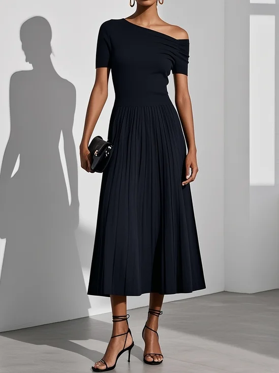 Black Asymmetric Pleated Knit One Shoulder Short Sleeve A-Line Midi Dress