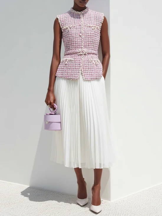 Women Pink Buckle Stitching Lace Crew Neck Sleeveless Dressy Coat With Skirt Two-Piece Set