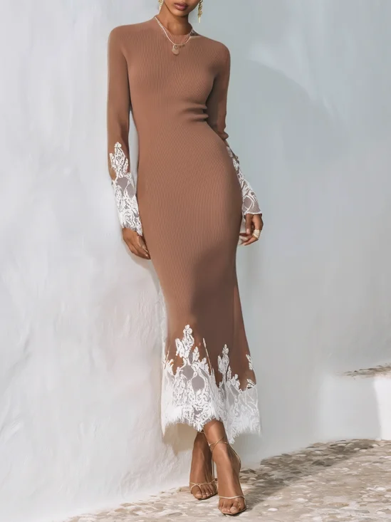 Caramel Lace Split Joint Sweater Boat Neck Long Sleeve Regular Sleeve Sheath Maxi Dress
