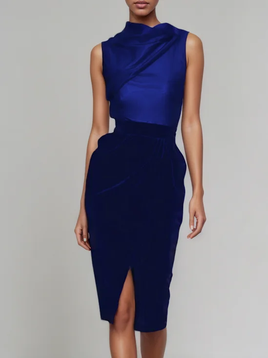 Royal Blue Slit Ruched Velvet Crew Neck Sleeveless Sheath Midi Dress