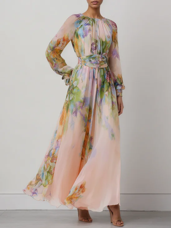 Pink Floral Ruched Chiffon Crew Neck Long Sleeve Puff Sleeve A-Line Maxi Dress