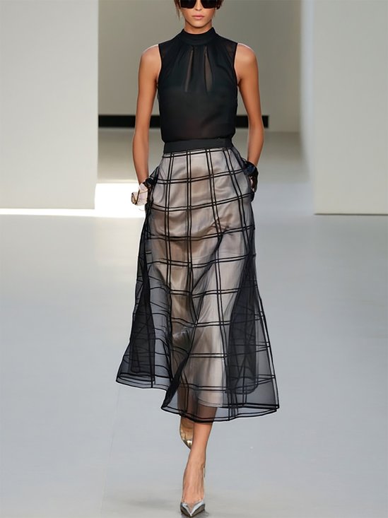 Black Mesh Plaid Classic Mock Neck Sleeveless A-Line Midi Dress