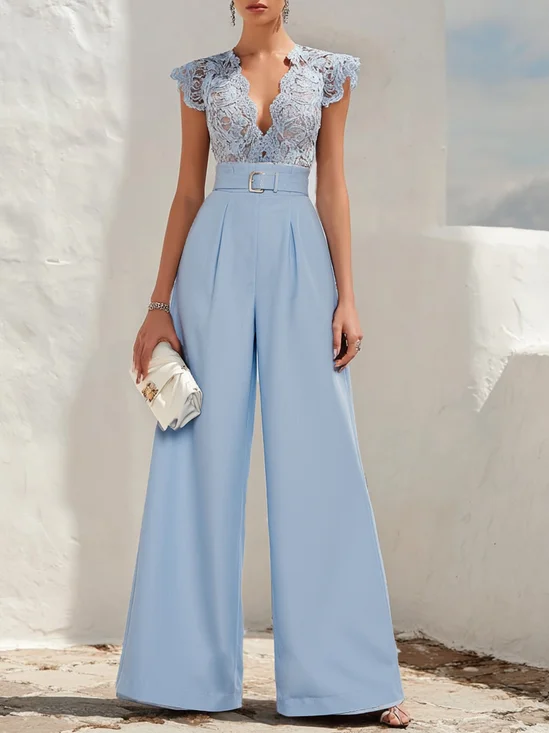 Women Blue Split Joint V Neck Cap Sleeve Dolman Sleeve Dressy Jumpsuit