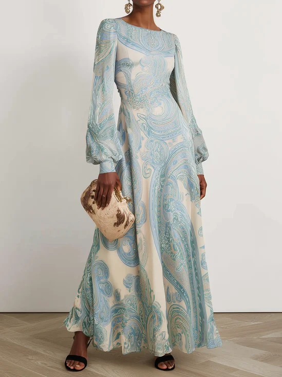 Light Blue Floral Chiffon Crew Neck Long Sleeve Balloon Sleeve A-Line Maxi Dress