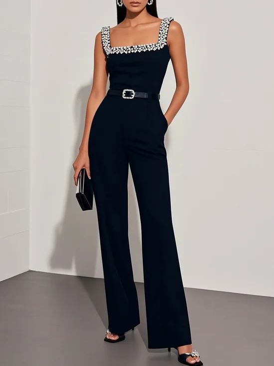 Women Black Imitation Pearls Square Neck Sleeveless Dressy Jumpsuit