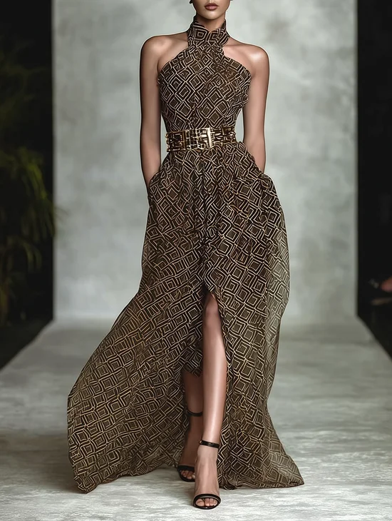 Brown Slit Classic Halter Sleeveless A-Line Maxi Dress