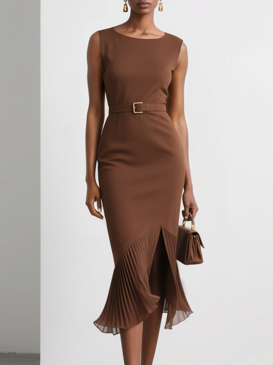Brown Pleated Slit Classic Boat Neck Sleeveless Mermaid Midi Dress