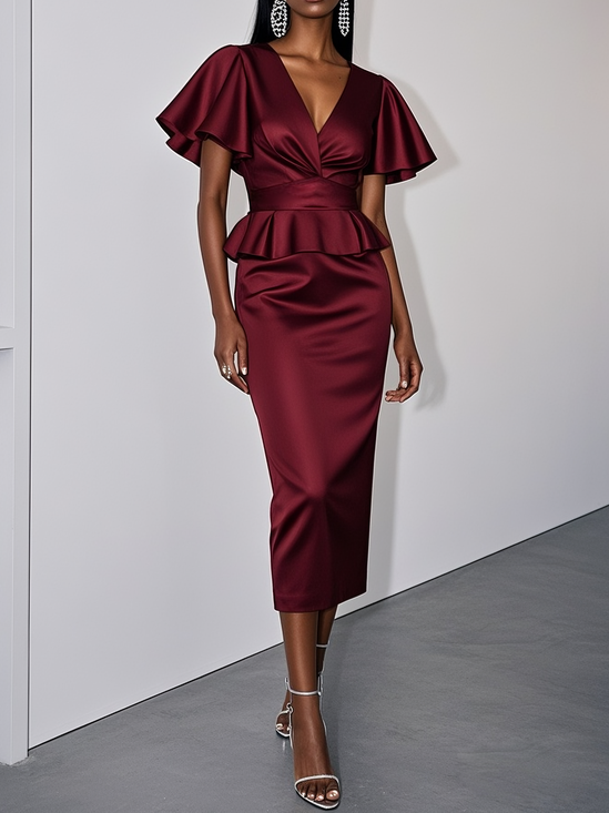 Wine Red Ruffled Peplum V Neck Short Sleeve Bell Sleeve Sheath Midi Dress