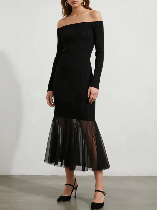 Black Mesh Ruched Knit Off The Shoulder Long Sleeve Mermaid Midi Dress