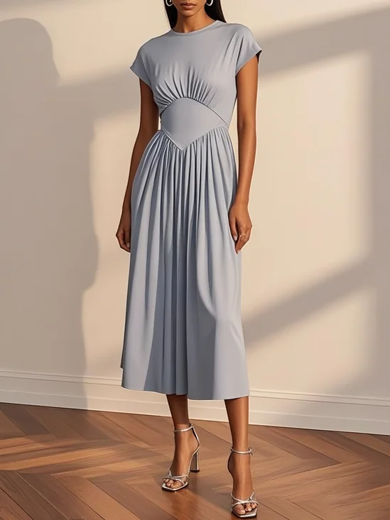 Grey-blue Ruched Classic Crew Neck Short Sleeve A-Line Midi Dress