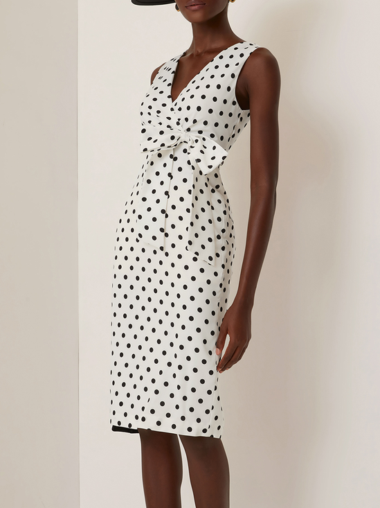 White Bow Printing Classic V Neck Sleeveless Sheath Midi Dress