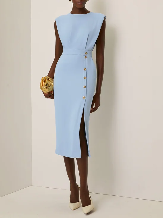 Light Blue Buckle Classic Crew Neck Sleeveless Sheath Midi Dress