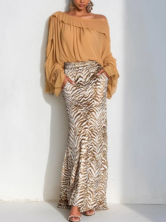 Women Camel Peplum Ruched Cold Shoulder Long Sleeve Dressy Top With Skirt Two-Piece Set
