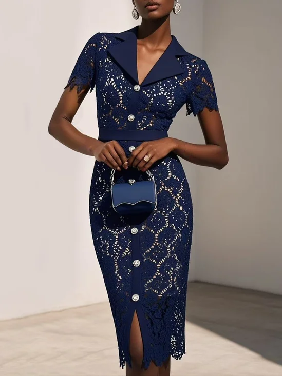 Royal Blue Buckle Lace Lapel Collar Short Sleeve Sheath Midi Dress