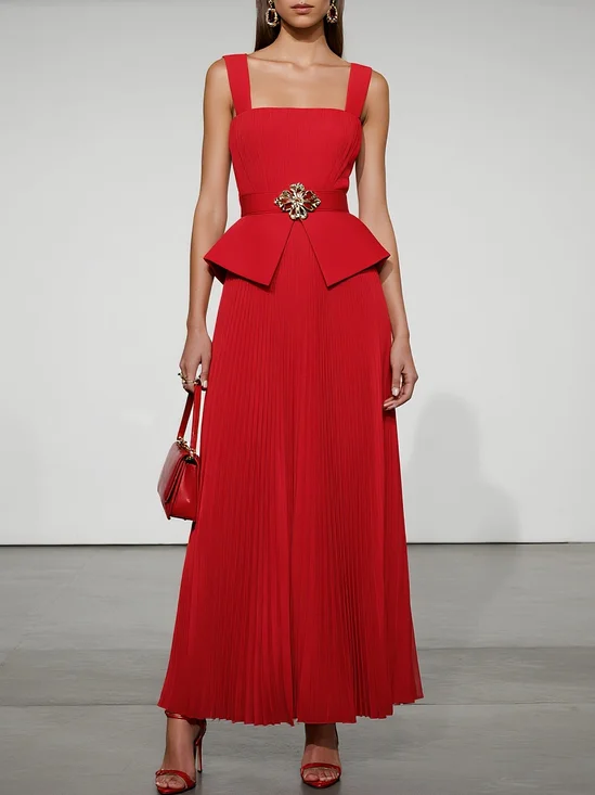 Red Pleated Peplum Chiffon Square Neck Sleeveless A-Line Maxi Dress