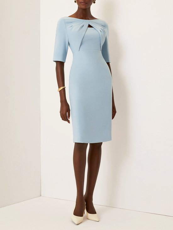 Light Blue Knot Classic Boat Neck Half Sleeve Sheath Midi Dress