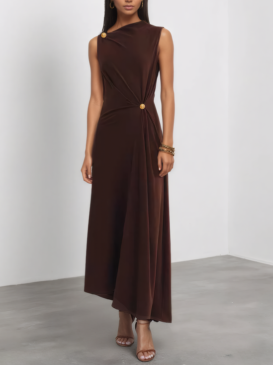 Brown Buckle Ruched Knit Asymmetrical Sleeveless A-Line Maxi Dress