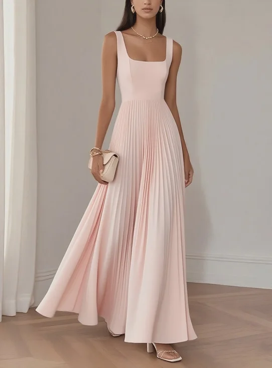 Light Blue Pleated Square Neck Sleeveless A-Line Maxi Dress