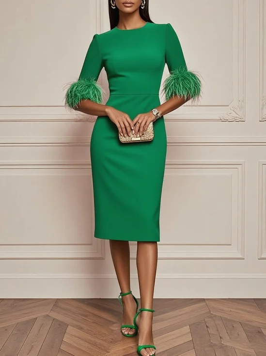 Rose Red Feather Classic Crew Neck Half Sleeve Sheath Midi Dress