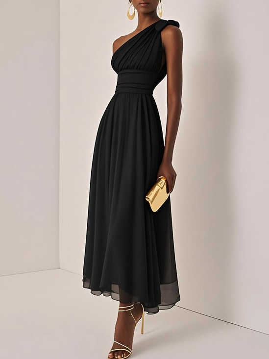 Light Blue Ruched Chiffon One Shoulder Sleeveless A-Line Maxi Dress