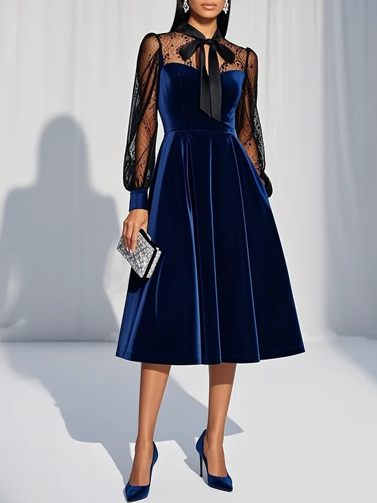 Blue Lace Bow Velvet Crew Neck Long Sleeve Balloon Sleeve A-Line Midi Dress