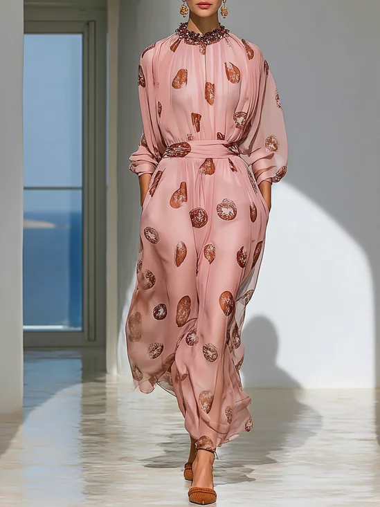 Pink Beaded Ruched Chiffon Crew Neck Long Sleeve A-Line Maxi Dress