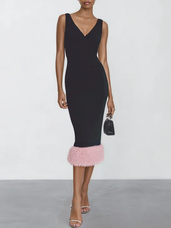 Black Split Joint Feather Classic V Neck Sleeveless Mermaid Midi Dress
