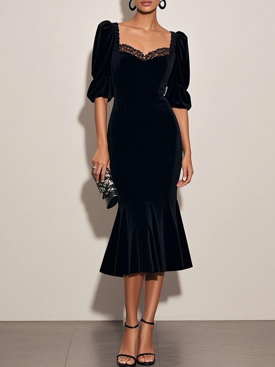 Black Lace Velvet Sweetheart Neckline Half Sleeve Puff Sleeve Mermaid Midi Dress