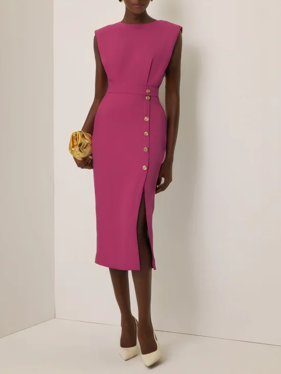 Light Blue Buckle Classic Crew Neck Sleeveless Sheath Midi Dress