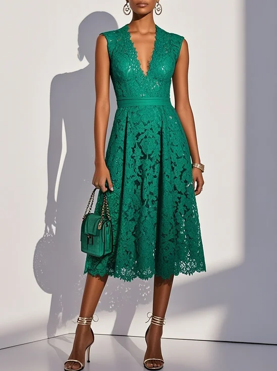 Green Lace V Neck Sleeveless A-Line Midi Dress