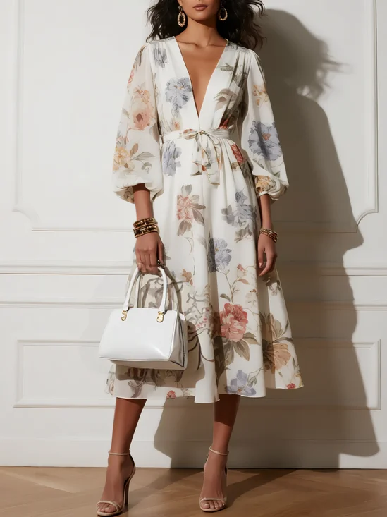 White Floral Chiffon V Neck Long Sleeve Balloon Sleeve A-Line Midi Dress
