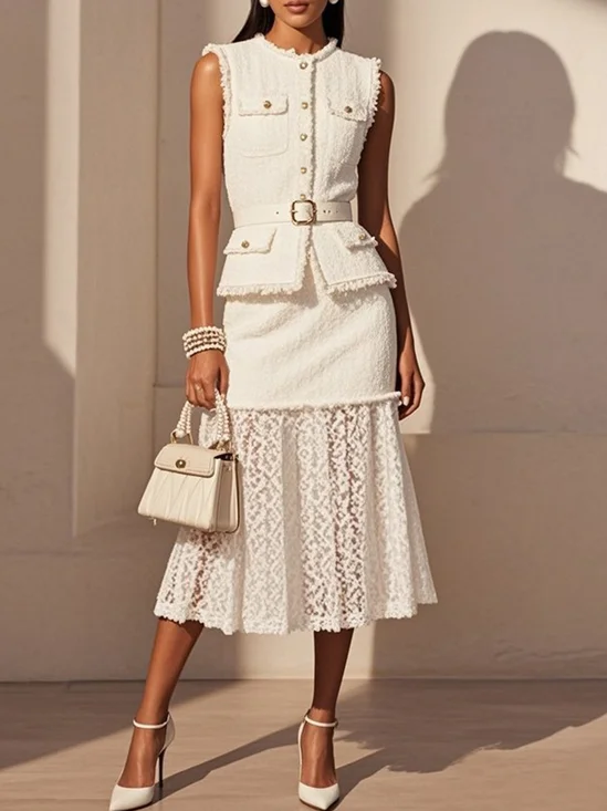 Women White Buckle Lace Crew Neck Sleeveless Dressy Coat With Skirt Two-Piece Set