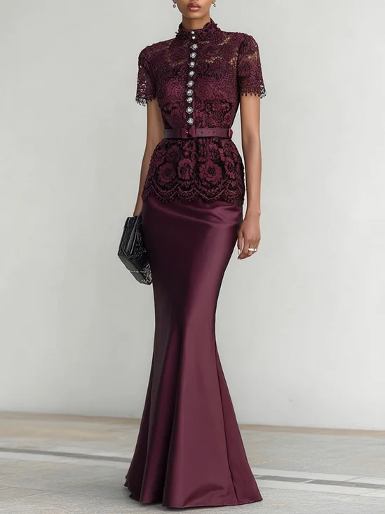 Wine Red Buckle Lace Classic Crew Neck Short Sleeve Mermaid Maxi Dress
