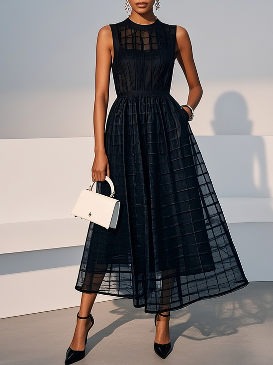 Black Classic Crew Neck Sleeveless A-Line Midi Dress