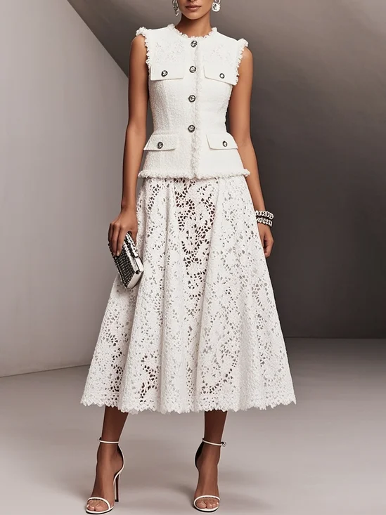 Women White Buckle Pocket Stitching Crew Neck Sleeveless Dressy Coat With Skirt Two-Piece Set