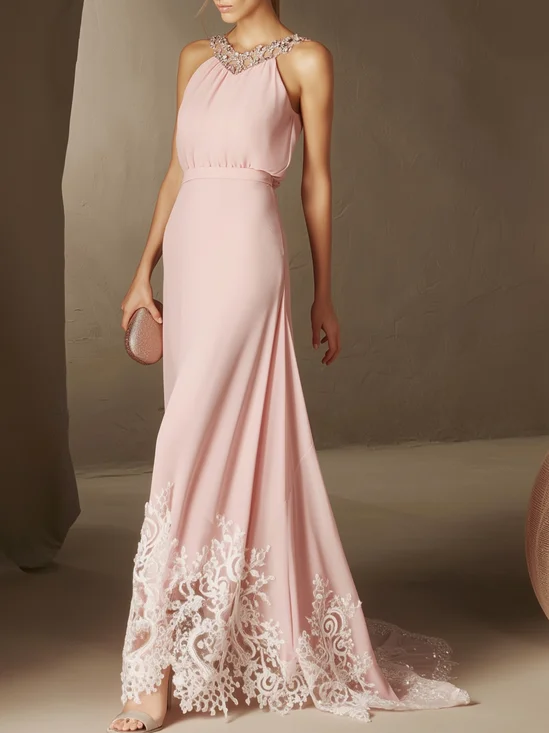 Pink Beaded Ruched Chiffon Halter Sleeveless A-Line Gown Dress
