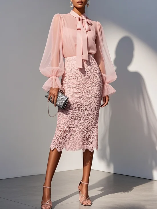 Women Pink Lace Bow Crew Neck Long Sleeve Bell Sleeve Dressy Top With Skirt Two-Piece Set