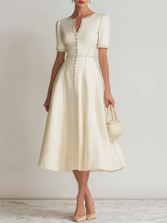 Off White Pearl Braided Strap Classic Notched Short Sleeve A-Line Midi Dress