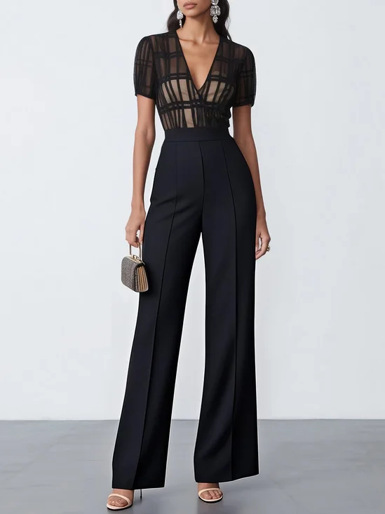 Women Black V Neck Short Sleeve Dressy Jumpsuit