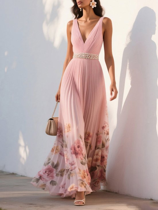 Pink Pleated Floral Deep V Neck A-Line Maxi Chiffon Dress
