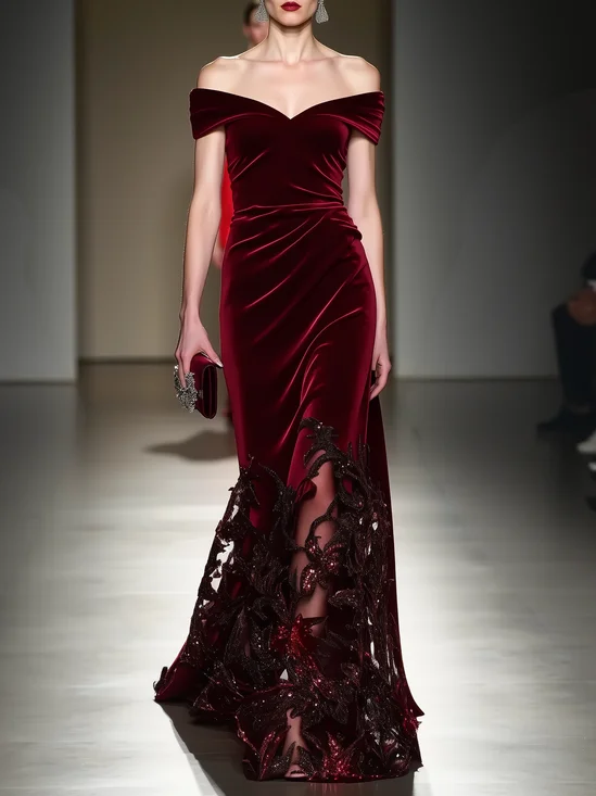 Wine Red Beaded Lace Velvet Off The Shoulder Short Sleeve Mermaid Gown Dress