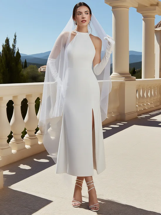 White Side-Slit Bridal/Wedding Dress Crew Neck Sleeveless A-Line Maxi Dress