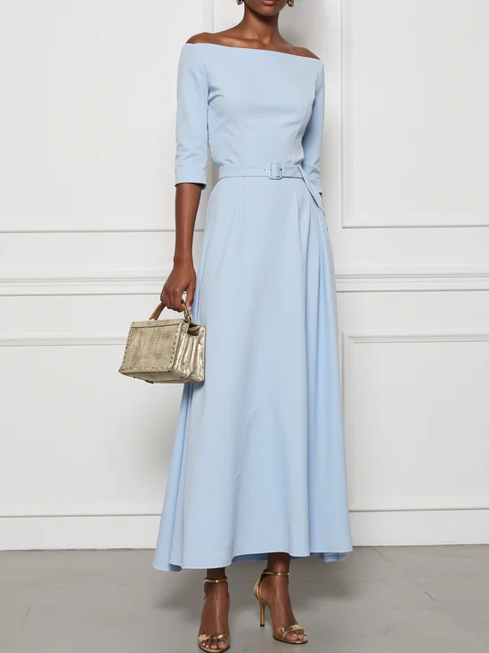 Light Blue Cotton Off The Shoulder Half Sleeve A-Line Maxi Dress