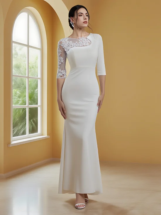 White Lace Hotfix Embellished Crew Neck Long Sleeve Mermaid Maxi Bridal/Wedding Dress